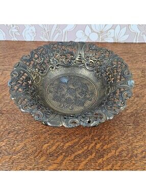 Vintage Italian Ornate Footed Metal Bowl Pierced Filigree Made Italy CT6